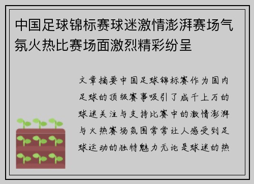 中国足球锦标赛球迷激情澎湃赛场气氛火热比赛场面激烈精彩纷呈