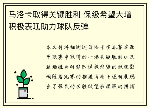 马洛卡取得关键胜利 保级希望大增 积极表现助力球队反弹