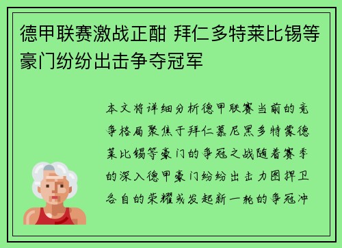 德甲联赛激战正酣 拜仁多特莱比锡等豪门纷纷出击争夺冠军